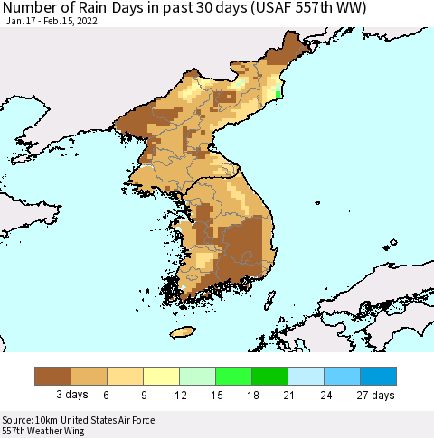 Korea Number of Rain Days in past 30 days (USAF 557th WW) 02/15/2022 Thematic Map For 2/11/2022 - 2/15/2022