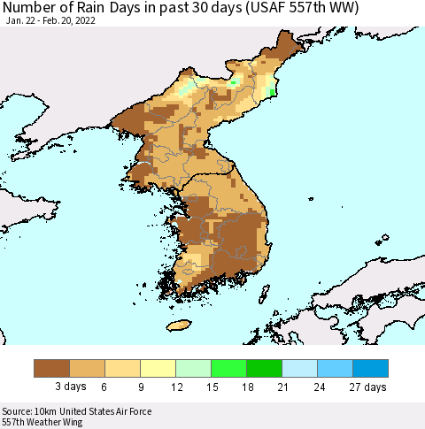 Korea Number of Rain Days in past 30 days (USAF 557th WW) 02/20/2022 Thematic Map For 2/16/2022 - 2/20/2022