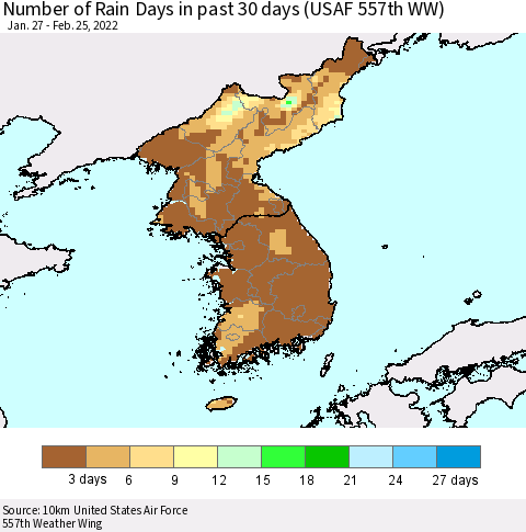 Korea Number of Rain Days in past 30 days (USAF 557th WW) 02/25/2022 Thematic Map For 2/21/2022 - 2/25/2022