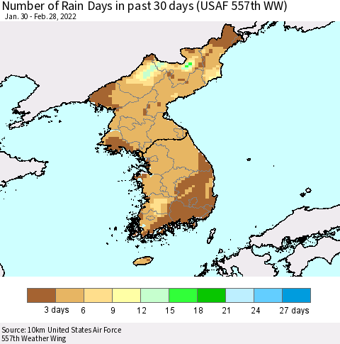 Korea Number of Rain Days in past 30 days (USAF 557th WW) 02/28/2022 Thematic Map For 2/26/2022 - 2/28/2022