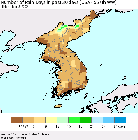 Korea Number of Rain Days in past 30 days (USAF 557th WW) 03/05/2022 Thematic Map For 3/1/2022 - 3/5/2022