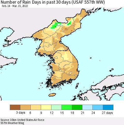 Korea Number of Rain Days in past 30 days (USAF 557th WW) 03/15/2022 Thematic Map For 3/11/2022 - 3/15/2022