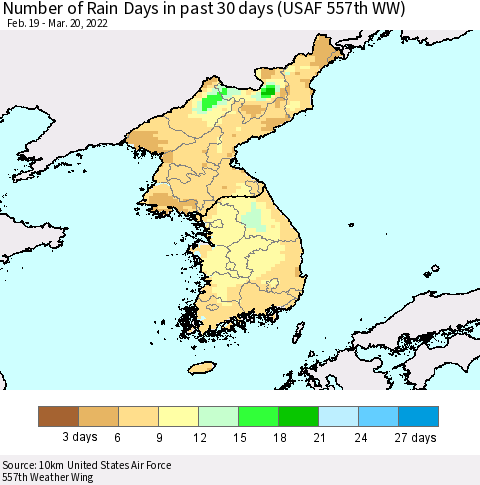 Korea Number of Rain Days in past 30 days (USAF 557th WW) 03/20/2022 Thematic Map For 3/16/2022 - 3/20/2022