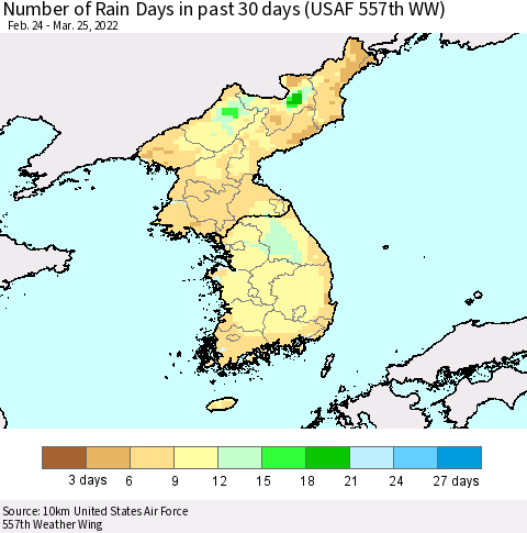 Korea Number of Rain Days in past 30 days (USAF 557th WW) 03/25/2022 Thematic Map For 3/21/2022 - 3/25/2022