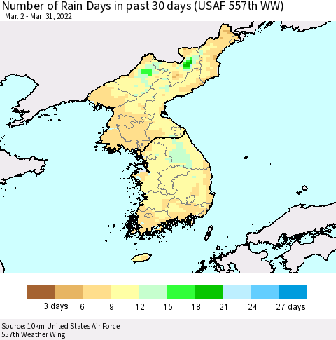 Korea Number of Rain Days in past 30 days (USAF 557th WW) 03/31/2022 Thematic Map For 3/26/2022 - 3/31/2022