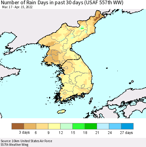Korea Number of Rain Days in past 30 days (USAF 557th WW) 04/15/2022 Thematic Map For 4/11/2022 - 4/15/2022