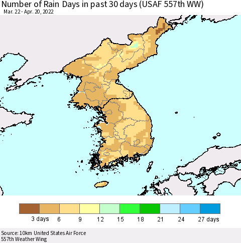 Korea Number of Rain Days in past 30 days (USAF 557th WW) 04/20/2022 Thematic Map For 4/16/2022 - 4/20/2022