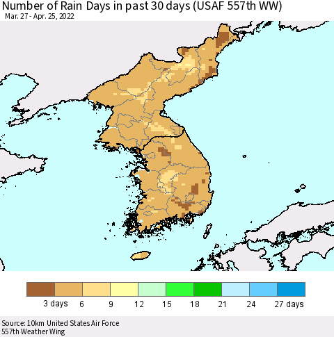 Korea Number of Rain Days in past 30 days (USAF 557th WW) 04/25/2022 Thematic Map For 4/21/2022 - 4/25/2022