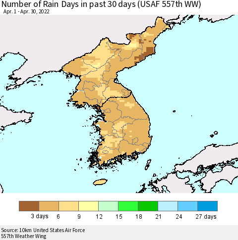 Korea Number of Rain Days in past 30 days (USAF 557th WW) 04/30/2022 Thematic Map For 4/26/2022 - 4/30/2022