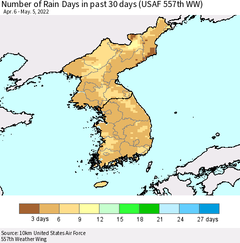 Korea Number of Rain Days in past 30 days (USAF 557th WW) 05/05/2022 Thematic Map For 5/1/2022 - 5/5/2022