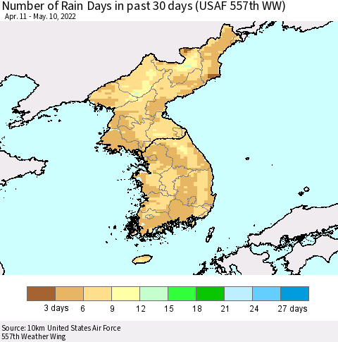 Korea Number of Rain Days in past 30 days (USAF 557th WW) 05/10/2022 Thematic Map For 5/6/2022 - 5/10/2022