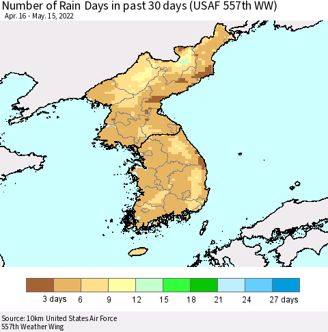Korea Number of Rain Days in past 30 days (USAF 557th WW) 05/15/2022 Thematic Map For 5/11/2022 - 5/15/2022