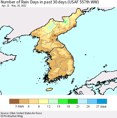 Korea Number of Rain Days in past 30 days (USAF 557th WW) 05/20/2022 Thematic Map For 5/16/2022 - 5/20/2022