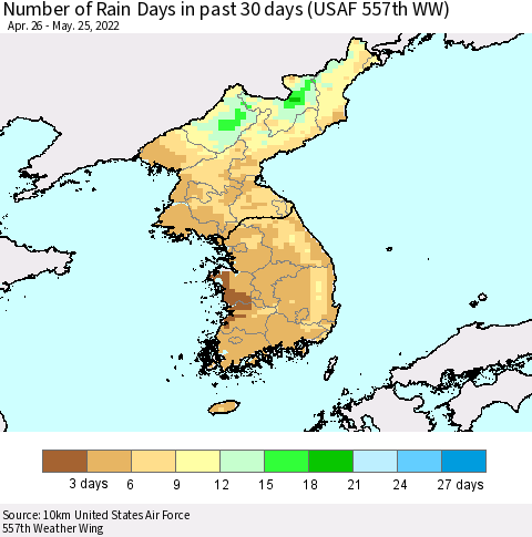 Korea Number of Rain Days in past 30 days (USAF 557th WW) 05/25/2022 Thematic Map For 5/21/2022 - 5/25/2022