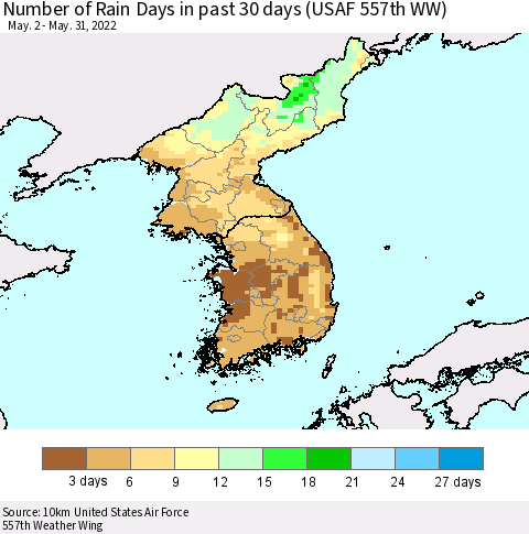Korea Number of Rain Days in past 30 days (USAF 557th WW) 05/31/2022 Thematic Map For 5/26/2022 - 5/31/2022