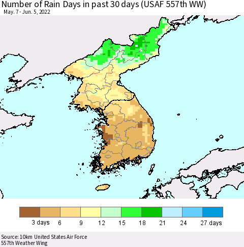 Korea Number of Rain Days in past 30 days (USAF 557th WW) 06/05/2022 Thematic Map For 6/1/2022 - 6/5/2022