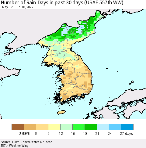 Korea Number of Rain Days in past 30 days (USAF 557th WW) 06/10/2022 Thematic Map For 6/6/2022 - 6/10/2022