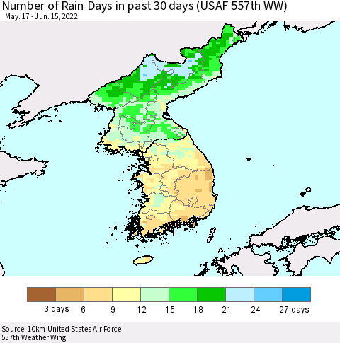 Korea Number of Rain Days in past 30 days (USAF 557th WW) 06/15/2022 Thematic Map For 6/11/2022 - 6/15/2022