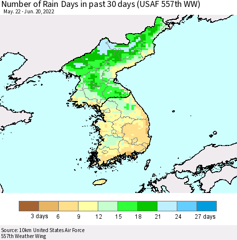 Korea Number of Rain Days in past 30 days (USAF 557th WW) 06/20/2022 Thematic Map For 6/16/2022 - 6/20/2022