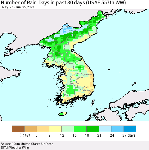 Korea Number of Rain Days in past 30 days (USAF 557th WW) 06/25/2022 Thematic Map For 6/21/2022 - 6/25/2022