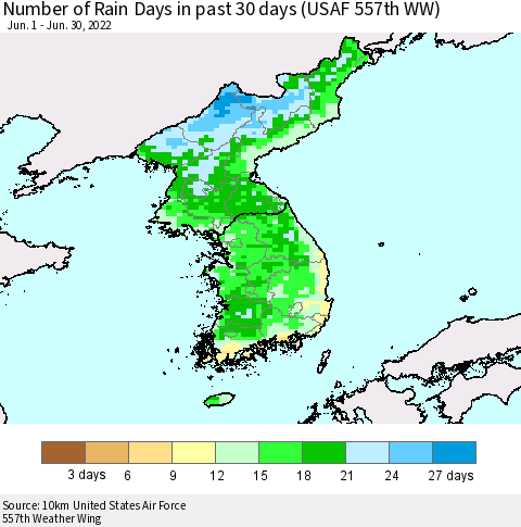 Korea Number of Rain Days in past 30 days (USAF 557th WW) 06/30/2022 Thematic Map For 6/26/2022 - 6/30/2022