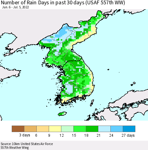 Korea Number of Rain Days in past 30 days (USAF 557th WW) 07/05/2022 Thematic Map For 7/1/2022 - 7/5/2022