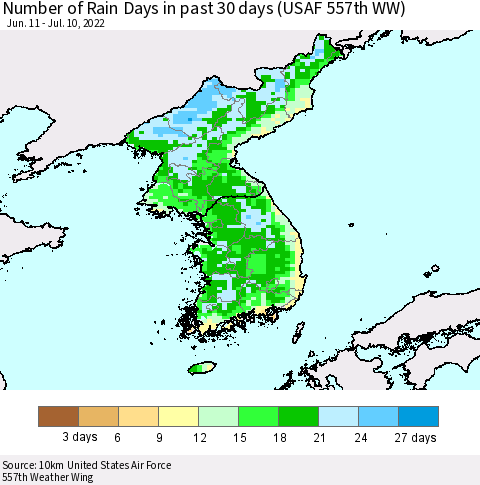 Korea Number of Rain Days in past 30 days (USAF 557th WW) 07/10/2022 Thematic Map For 7/6/2022 - 7/10/2022