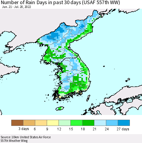 Korea Number of Rain Days in past 30 days (USAF 557th WW) 07/20/2022 Thematic Map For 7/16/2022 - 7/20/2022