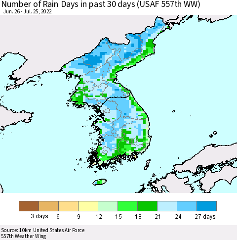 Korea Number of Rain Days in past 30 days (USAF 557th WW) 07/25/2022 Thematic Map For 7/21/2022 - 7/25/2022