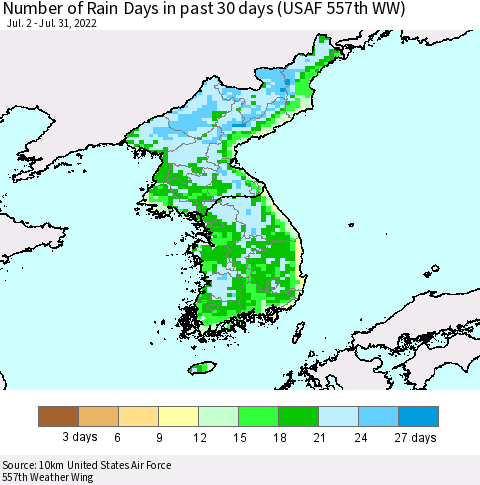 Korea Number of Rain Days in past 30 days (USAF 557th WW) 07/31/2022 Thematic Map For 7/26/2022 - 7/31/2022