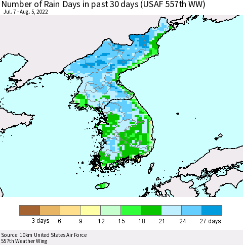 Korea Number of Rain Days in past 30 days (USAF 557th WW) 08/05/2022 Thematic Map For 8/1/2022 - 8/5/2022