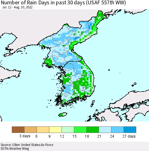 Korea Number of Rain Days in past 30 days (USAF 557th WW) 08/10/2022 Thematic Map For 8/6/2022 - 8/10/2022