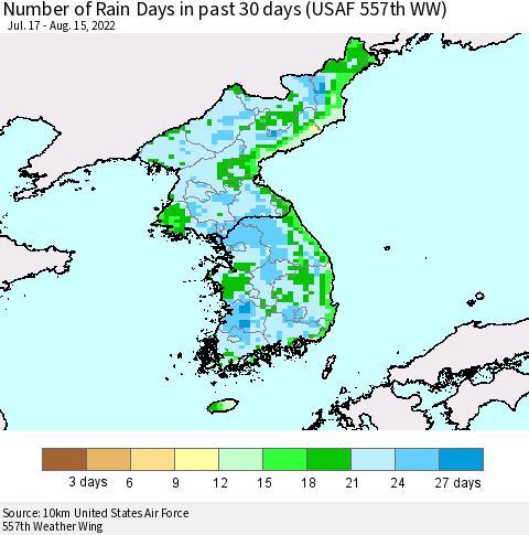 Korea Number of Rain Days in past 30 days (USAF 557th WW) 08/15/2022 Thematic Map For 8/11/2022 - 8/15/2022