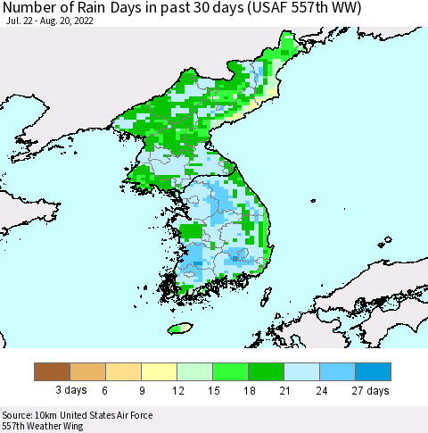 Korea Number of Rain Days in past 30 days (USAF 557th WW) 08/20/2022 Thematic Map For 8/16/2022 - 8/20/2022