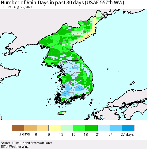 Korea Number of Rain Days in past 30 days (USAF 557th WW) 08/25/2022 Thematic Map For 8/21/2022 - 8/25/2022