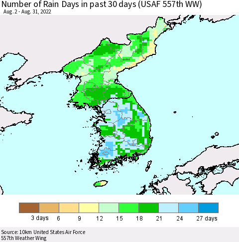 Korea Number of Rain Days in past 30 days (USAF 557th WW) 08/31/2022 Thematic Map For 8/26/2022 - 8/31/2022