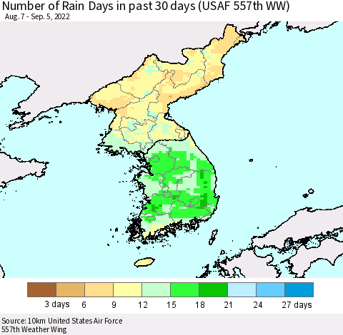 Korea Number of Rain Days in past 30 days (USAF 557th WW) 09/05/2022 Thematic Map For 9/1/2022 - 9/5/2022