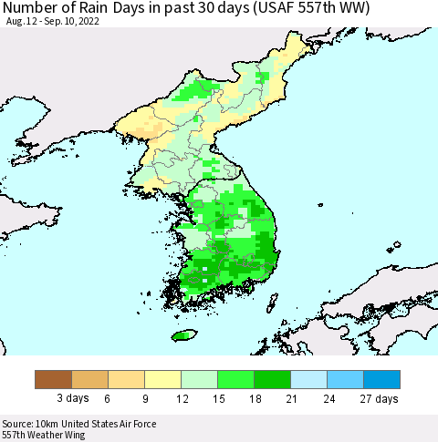 Korea Number of Rain Days in past 30 days (USAF 557th WW) 09/10/2022 Thematic Map For 9/6/2022 - 9/10/2022