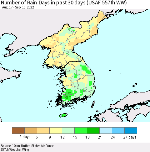 Korea Number of Rain Days in past 30 days (USAF 557th WW) 09/15/2022 Thematic Map For 9/11/2022 - 9/15/2022
