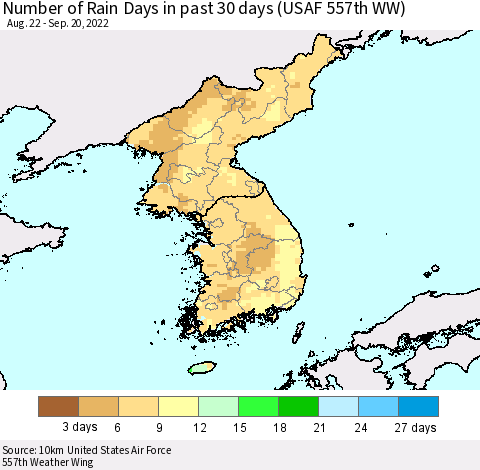 Korea Number of Rain Days in past 30 days (USAF 557th WW) 09/20/2022 Thematic Map For 9/16/2022 - 9/20/2022