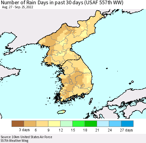 Korea Number of Rain Days in past 30 days (USAF 557th WW) 09/25/2022 Thematic Map For 9/21/2022 - 9/25/2022