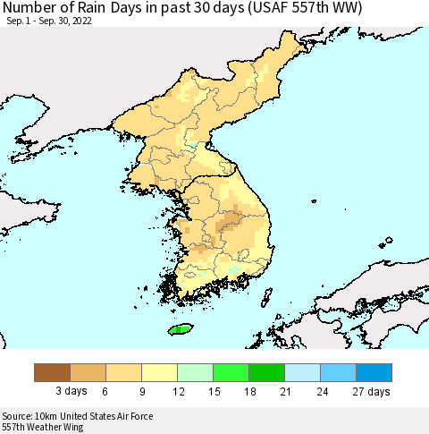 Korea Number of Rain Days in past 30 days (USAF 557th WW) 09/30/2022 Thematic Map For 9/26/2022 - 9/30/2022