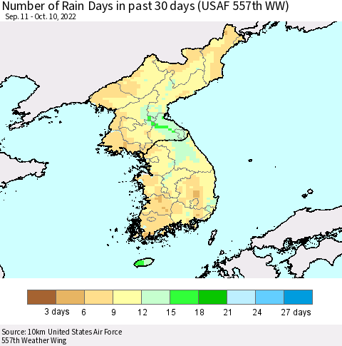 Korea Number of Rain Days in past 30 days (USAF 557th WW) 10/10/2022 Thematic Map For 10/6/2022 - 10/10/2022