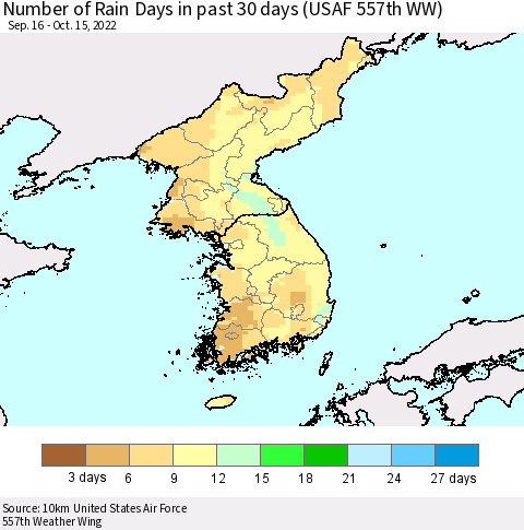 Korea Number of Rain Days in past 30 days (USAF 557th WW) 10/15/2022 Thematic Map For 10/11/2022 - 10/15/2022