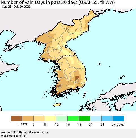 Korea Number of Rain Days in past 30 days (USAF 557th WW) 10/20/2022 Thematic Map For 10/16/2022 - 10/20/2022