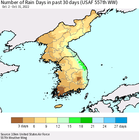 Korea Number of Rain Days in past 30 days (USAF 557th WW) 10/31/2022 Thematic Map For 10/26/2022 - 10/31/2022