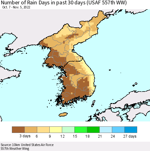Korea Number of Rain Days in past 30 days (USAF 557th WW) 11/05/2022 Thematic Map For 11/1/2022 - 11/5/2022