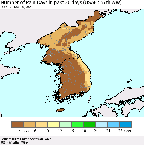 Korea Number of Rain Days in past 30 days (USAF 557th WW) 11/10/2022 Thematic Map For 11/6/2022 - 11/10/2022