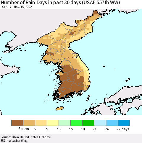 Korea Number of Rain Days in past 30 days (USAF 557th WW) 11/15/2022 Thematic Map For 11/11/2022 - 11/15/2022