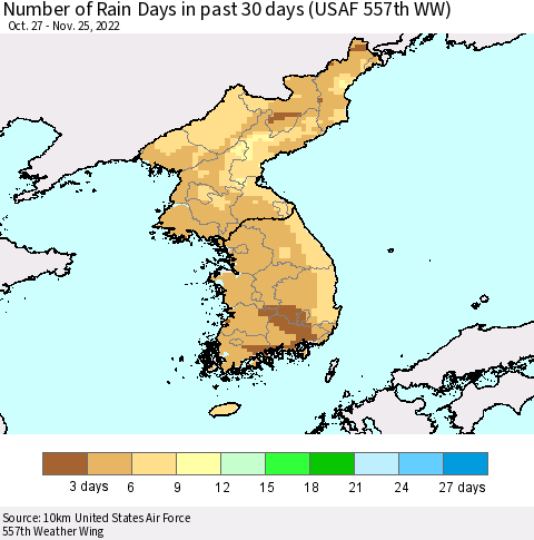 Korea Number of Rain Days in past 30 days (USAF 557th WW) 11/25/2022 Thematic Map For 11/21/2022 - 11/25/2022